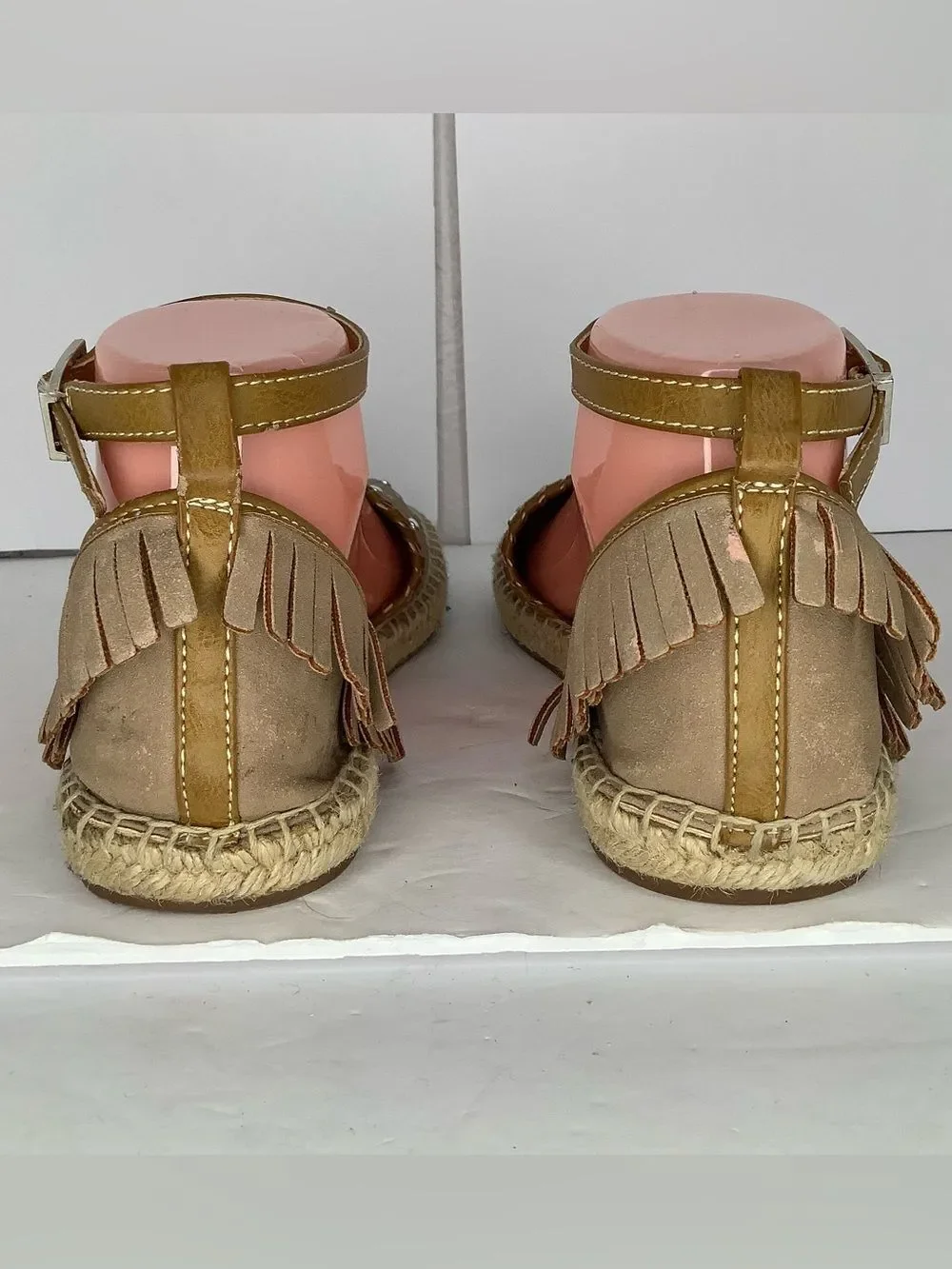 Sam & Libby Taupe Suede Espadrille Sandals Ankle Strap Stud Accents Sz 7